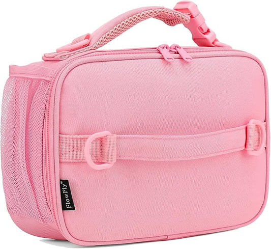 FlowFly Kids Lunch Bag, Durable Insulated School Lunch Box with Shoulder Strap and Bottle Holder, Water-resistant Thermal Small Lunch Cooler Tote for Teen Boys & Girls,Pink