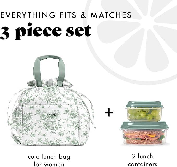 Fit & Fresh Lunch Bag For Women, Insulated Womens Lunch Bag For Work, Stain-Resistant Large Lunch Box For Women With Containers, Cinch Closure Cromwell Bag, Sage Floral Toile