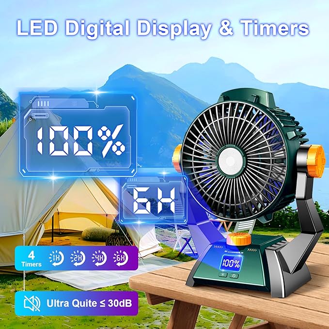 Camping Fan - Rechargeable Portable Battery Powered Camping Fans for Tents with LED Light, Power Display, Timers & 360° Hanging Hook, Ultra Quiet USB Personal Tent Fan for Fishing Travel Home Office