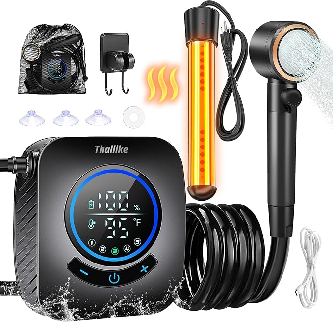 Upgraded Portable Shower with Heater, 1500W Immersion Heated, 8000mAh Rechargeable Camping Shower Pump with LED Display, IPX8 Waterproof Lightweight Outdoor Shower Pump Kit for Hiking, Travel, Car