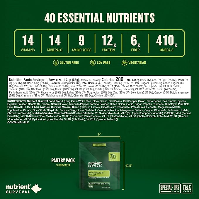 Nutrient Survival MRE Southwestern Medley Ready to Eat Meals (9 Servings) Freeze Dried Prepper Supplies & Emergency Food Supply, 40 Essential Nutrients, Shelf Stable Up to 15 Years, Pantry Pack