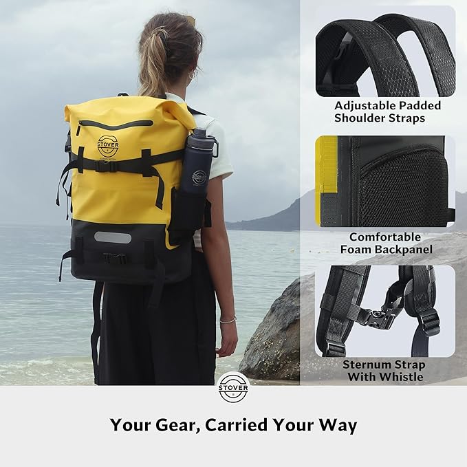 STOVER 5/10/25/30/40/55L Waterproof Dry Backpack- Large Floating Dry Bag for Kayaking, Travel, Tubing, Hiking, Fishing, Camping, Motorcycles & the Beach, Heavy-Duty Roll Top Men/Women (Yellow)