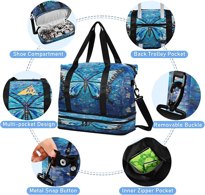 Blue Dream Butterfly Travel Duffel Bag Waterproof Gym Sport Tote Bag Carry On Weekender Bag with Compartment