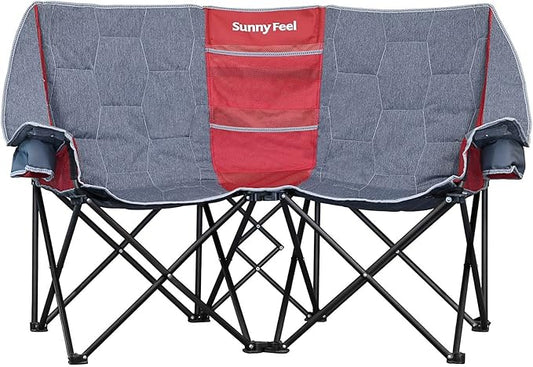 SUNNYFEEL Folding Double Camping Chair, Oversized Loveseat Chair, Heavy Duty Portable/Foldable Lawn Chair with Storage for Outside/Outdoor/Travel/Picnic, Fold Up Camp Chairs for Adults 2 People