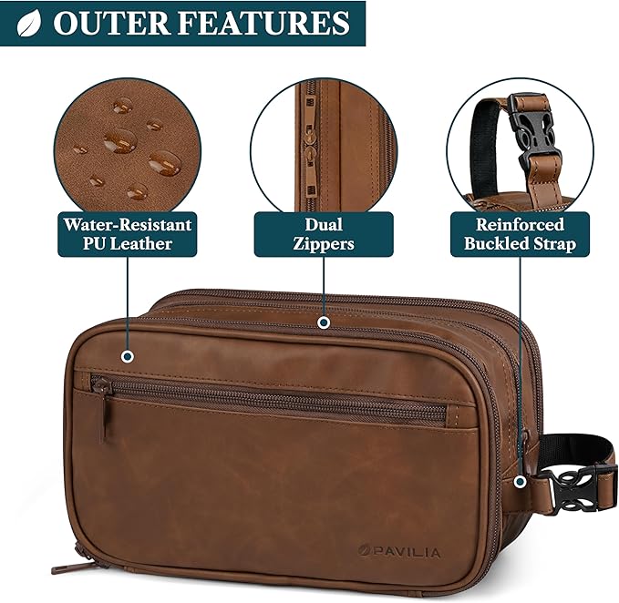 PAVILIA Toiletry Bag for Men, Travel Toiletries Bag | Water-resistant Dopp Kit, PU Leather Shaving Pouch Organizer for Accessories, Cosmetic, Hygiene, Grooming Essentials (Black)