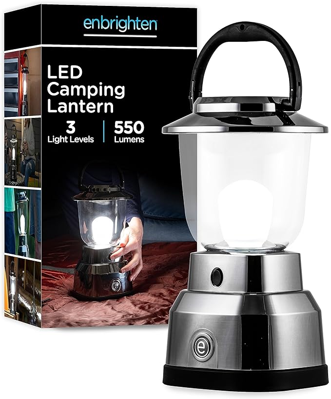 Enbrighten Brushed Nickel LED Camping Lantern, Battery Powered, 550 Lumens, 280 Hour Runtime, Carabiner Handle, Hiking Gear, Emergency Light, Blackout, Storm, Hurricane, 14210