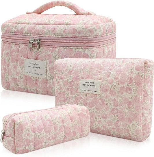 3pc Makeup Bag Set, Quilted Makeup Bag Set, Large Floral Cosmetic Bag for Women, Cute Cotton Makeup Bags, Flower Travel Toiletry Organizer Bag (Pink Crushed flower)