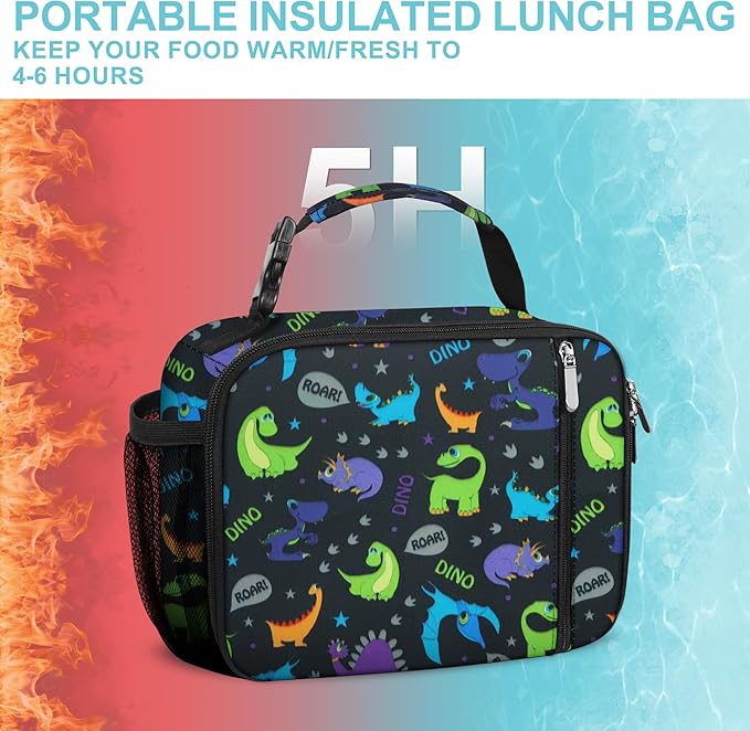 esouler Lunch Box Kids Insulated Lunch Bag for Boys & Girls Durable Children Lunchbox for School with Water Bottle Holder-Purple Dinosaur