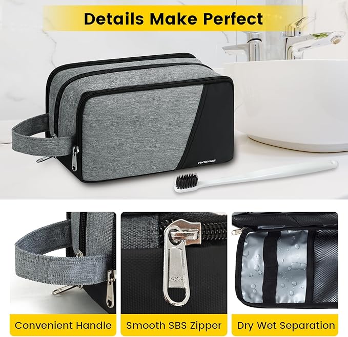 Vorspack Travel Toiletry Bag - Toiletry Bag for Men Water Resistant Skincare Bag Dopp Kit for Bathroom Toiletries Accessories Gifts - Grey