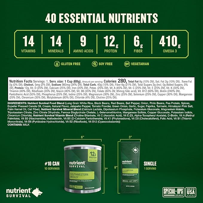 Nutrient Survival MRE Southwestern Medley Ready to Eat Meals (10 Servings) Freeze Dried Prepper Supplies & Emergency Food Supply, 40 Essential Nutrients, Shelf Stable Up to 25 Years, One Can