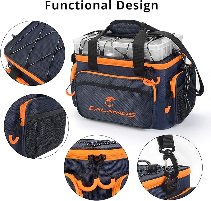 Calamus Fishing Tackle Bags - Fishing Bags for Saltwater or Freshwater Fishing - Rip-Stop PE - Padded Shoulder Strap - Pliers Storage -Orange