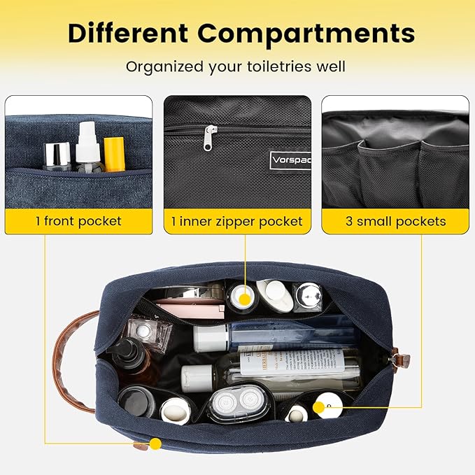 Vorspack Toiletry Bag Hanging Dopp Kit for Men Water Resistant Canvas Shaving Bag with Large Capacity for Travel - Navy Blue