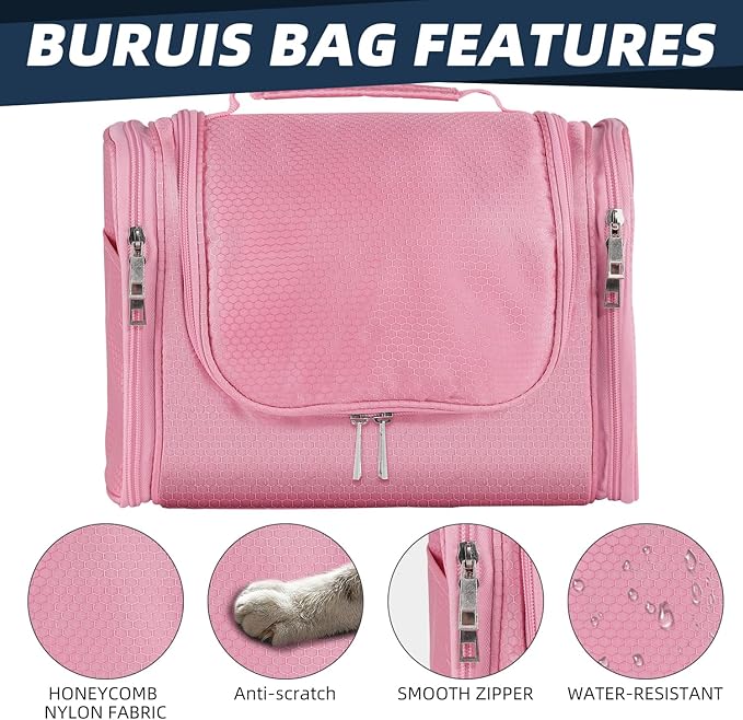 Buruis Large Capacity Toiletry Bag for Women and Men, Hanging Toiletry Organizer Cosmetics Makeup Bag, Water-resistant Dopp Kit Shaving Bags for Full Sized Toiletries, Travel Essentials (Pink)