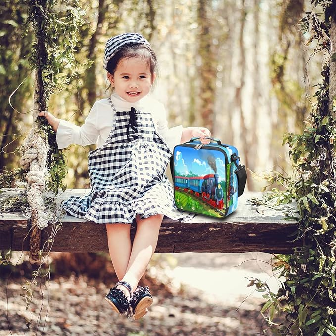 Steam Train Insulated Lunch Bag for Girls Boys Teen Colorful Locomotive Reusable Lunch Box with Shoulder Strap Freezable Thermal Cooler Bag