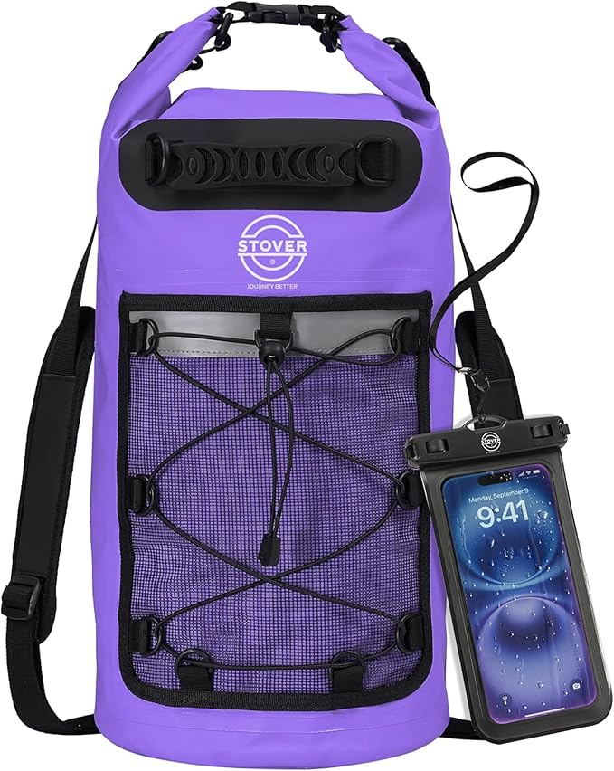 STOVER 5/10/25/30/40/55L Waterproof Dry Backpack & Phone Case- Medium Floating Dry Bag for Kayaking, Travel, Hiking, Fishing, Camping, Motorcycles & Beach, Heavy-Duty Roll Top Men/Women (Purple)