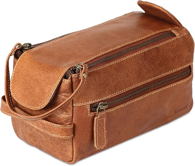KomalC Premium Buffalo Leather Unisex Toiletry Bag Travel Dopp Kit