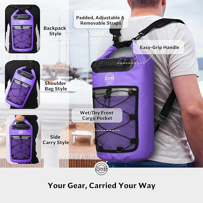 STOVER 5/10/25/30/40/55L Waterproof Dry Backpack & Phone Case- Medium Floating Dry Bag for Kayaking, Travel, Hiking, Fishing, Camping, Motorcycles & Beach, Heavy-Duty Roll Top Men/Women (Purple)
