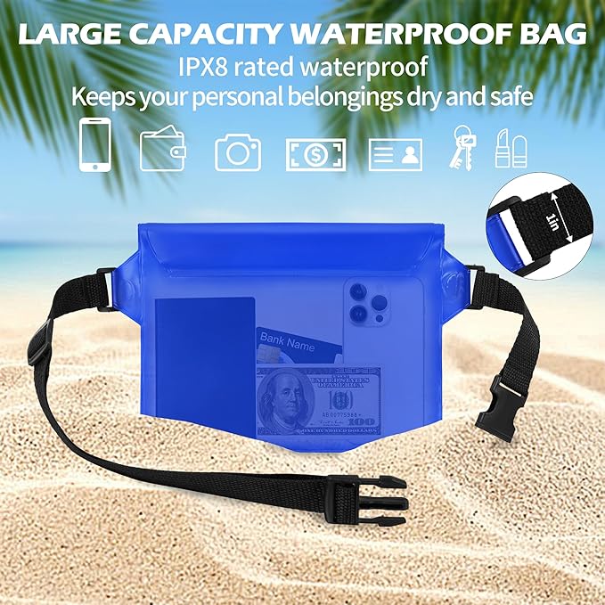 2-Pack Waterproof Pouch with Adjustable Waist Strap, Waterproof Dry Bag, Keeps Cell Phones and Valuables Safe and Dry, Perfect for Kayaking, Beach, Camping and Swimming (Black)