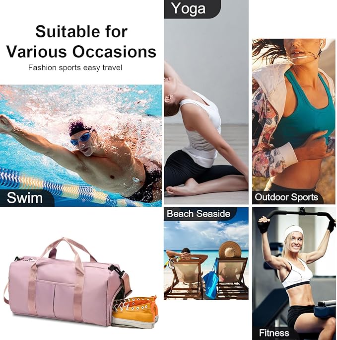 ZGWJ Sports Gym Bag with Wet Pocket & Shoes Compartment, Waterproof Shoulder Weekender Bag for Women and Men Swim Sports Travel Gym Bag Lightweight and easy Carry on Pink