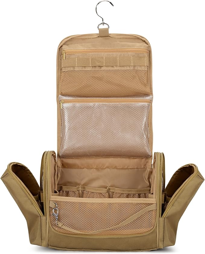 Tactical Toiletry Travel Bag for Men, Hanging Dopp Kit Hygiene Bag Shower Organizer with Hook for Toiletries and Shaving Care, Khaki (Empty Bag)
