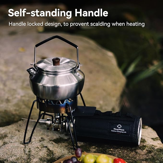 0.6 Liter Lightweight Stainless Steel Camping Kettle Portable Camp Tea Pot, Outdoor Campfire Use, Khaki