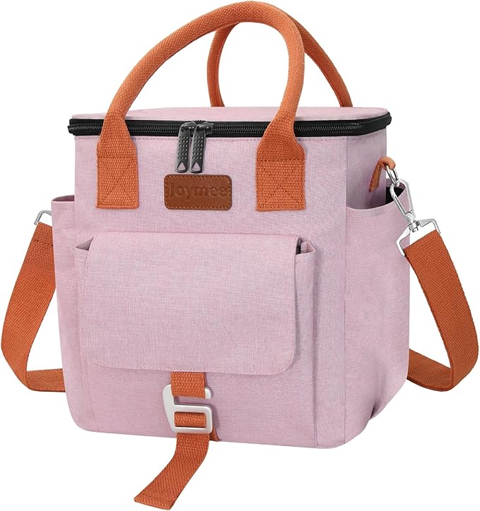 Joymee Insulated Lunch Bag for Women/Men, Waterproof Lunch Box for Office Work Picnic Beach, Reusable Large Leakproof Cooler Tote Bag with Adjustable Shoulder Strap & Side Pocket, Pink