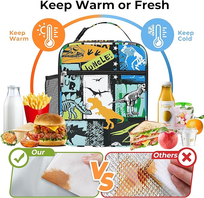 Clastyle Black Dinosaur Insulated Lunch Bag for Kids, Portable Large Thermal Cooler Lunch Bag for Boys, School Lunch Box Bag with Bottle Holder