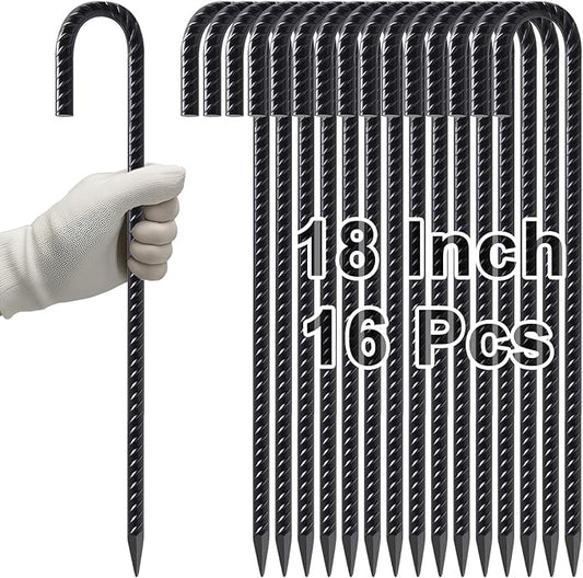 VVOKGO 18 Inch Ground Rebar Stakes, 16Pcs J Hook Extra Heavy Duty Rust Proof Coated Steel Ground Anchors with Chisel Point End for Camping Tent Canopy and Link Fence