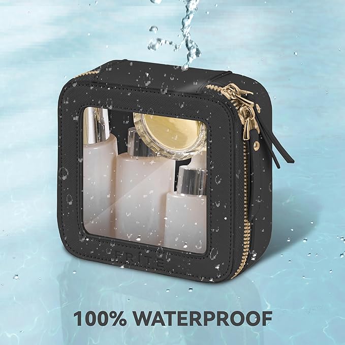 Prite Mini Clear Makeup Bag for Purse Cute Small Travel Cosmetic Bag for Women Waterproof Toiletry Bag Leather Makeup Pouch with Gold Zipper(Black)