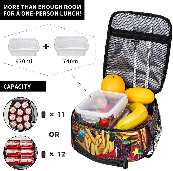 Hamburger Lunch Bag Insulated Reusable Lunch Box Thermal Cooler Tote For Men Women Work Travel Picnic Hiking