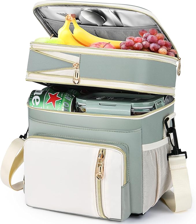 Lunch Box & Lunch Bag for Women Men, Large Insulated Adult Lunch Box Leakproof Lunchbox Cooler Bag for Work Picnic Beach,16L, Olive Green & White