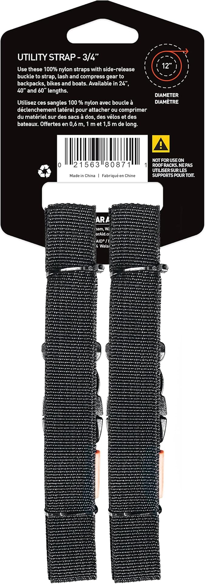 GEAR AID Utility Straps with Side-Release Buckle, Secure and Compress Camping, Biking, Hunting, Boating Gear, Multiple Sizes 3/4" x 40"