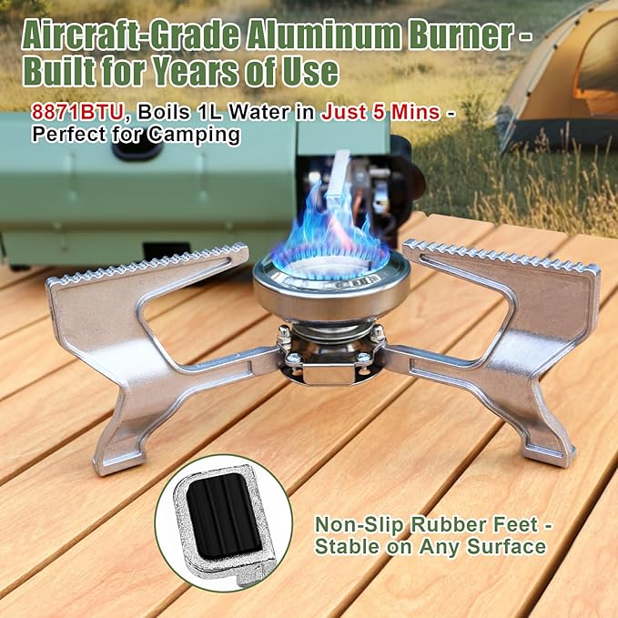 Hisencn Portable Camping Stove with Storage Bag | 8871 BTU/2600W High-Power Outdoor Gas Stove for Hiking, Picnic, RV Trips & Emergency Use | Windproof & Compact Design