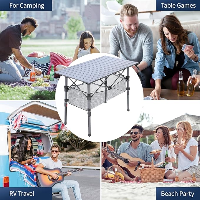 Portable Camping Table with Adjustable Height Legs, Lightweight Aluminum Roll-up beach tables for sand foldable，Folding Picnic Table Large Storage Basket for Outdoor camping (Black, Medium 37")