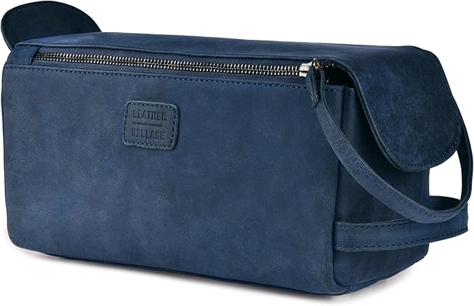 LEATHER VILLAGE Premium Leather Travel Toiletry Bag - Unisex Water-Resistant Travel Dopp Kit, Shaving & Cosmetic Organizer for Men & Women - Compact Bathroom Essentials - Royal Blue
