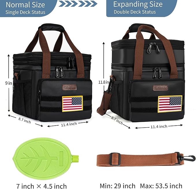 Tactical Lunch Box for Men- Large Insulated Lunch Bag-Expandable Adult Lunch Box with Adjustable Shoulder Strap-Large Lunch Tote Bag for Work Camping Fishing (Black-Leather)