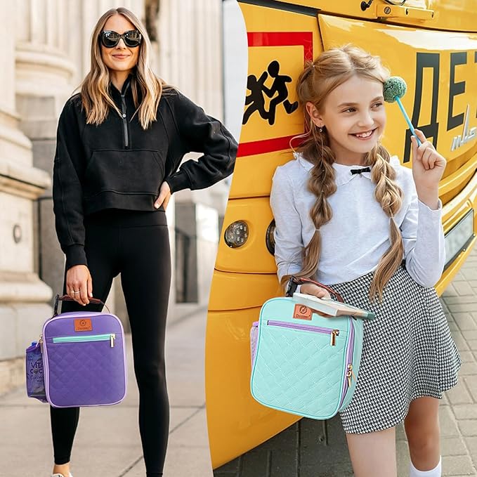 Lunch Box for Kids Girls Teen Women Men Adults,Insulated Lunch Bag with Bottle Holder,Small Lunch Box Cooler Lightweight Reusable LunchBox for Work Office School Travel Picnic-Purple