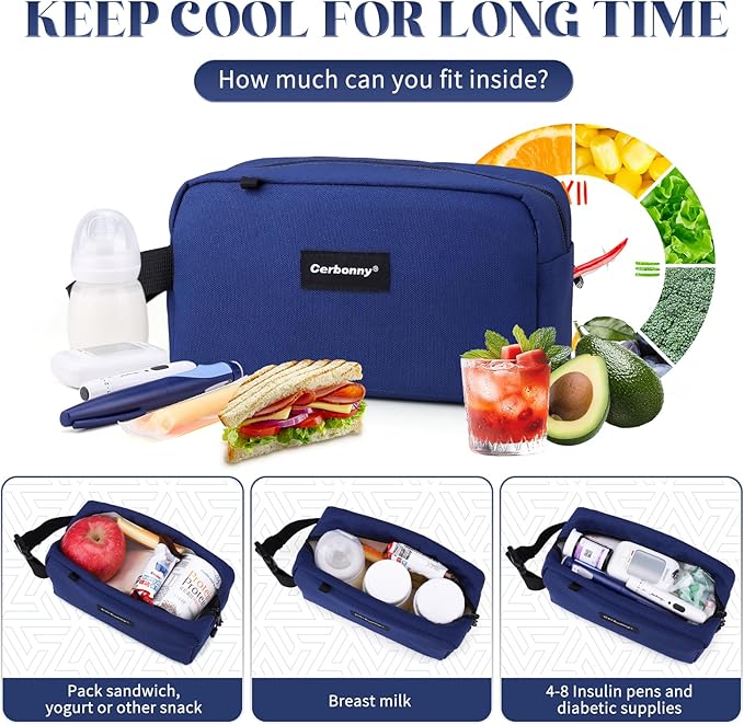 Cerbonny Small Cooler Bag Freezable Lunch Bag for Work School Travel,Small Lunch Bag,Small Insulated Bag For Adults/Kids,Freezer Lunch Bags,Mini Lunch Bag Fit For Yogurt（Navy Blue-1）