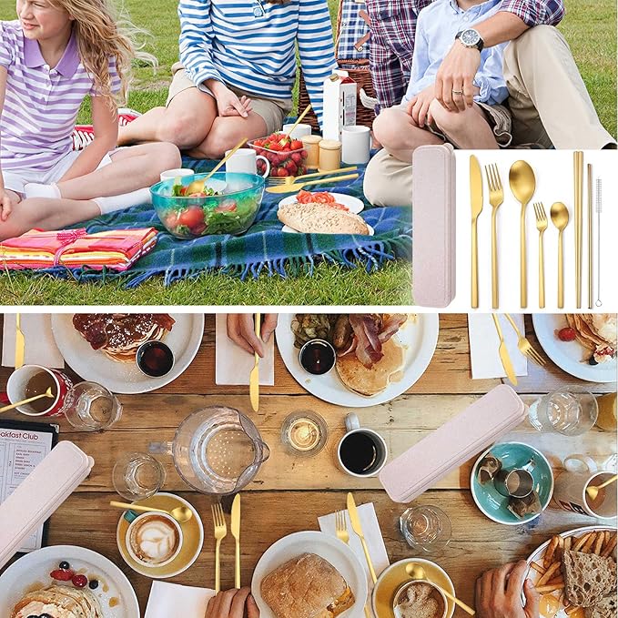 AARainbow 8 Pieces Stainless Steel Flatware Set Portable Reusable Cutlery Set Travel Utensils Set Including Chopsticks Knife Fork Spoon Straws Cleaning Brush Dishwasher Safe (B-Golden)