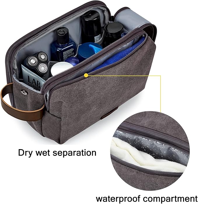 BAGSMART Toiletry Bag for Men, Canvas Travel Toiletry Organizer Dopp Kit Water-resistant Shaving Bag for Toiletries Accessories,Grey-Large