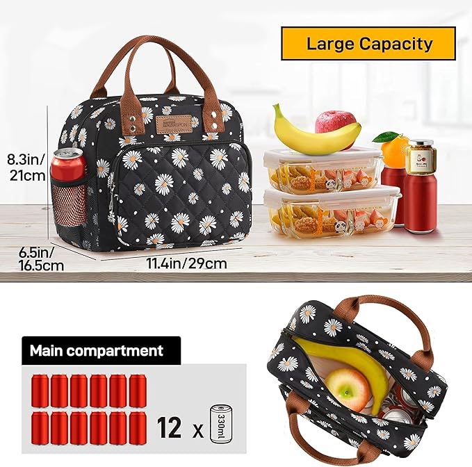 Buringer HOMESPON Lunch Bag for Woman Man Adults with Front Pocket Insulated Lunch Tote Lunch Box Container for Work Picnic or Travel（Daisy with Side Pockets）