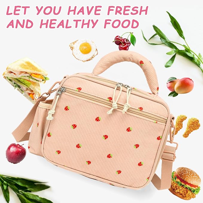 LOIDOU Lunch Box for Kids Girls Cute Corduroy Insulated Lunch Bag Thermal Meal Tote Reusable Lunch Pail Bags for School Travel ((Corduroy Strawberry Pink)