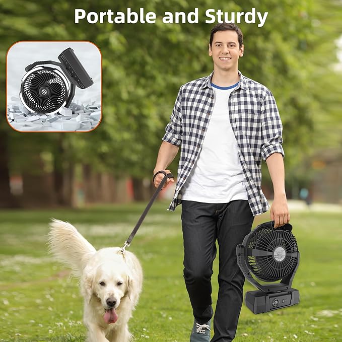 PANERGY Camping Fan with Light - 20000mAh Rechargeable Battery Fan with Charger, 70Hrs Cooling Time, 4 Speeds, 110° Auto Oscillation & 270° Pivot Design with Hook for Camping/Power Outage/Hurricane