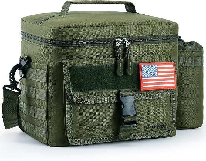 JOYHILL Tactical Lunch Box for Men, Insulated Lunch Bag with Detachable Bottle Pouch Holder, Medium Durable Thermal Cooler Bag,Modern Leakproof Bag for Work, Camping, Picnic,Green,13L/18 Can