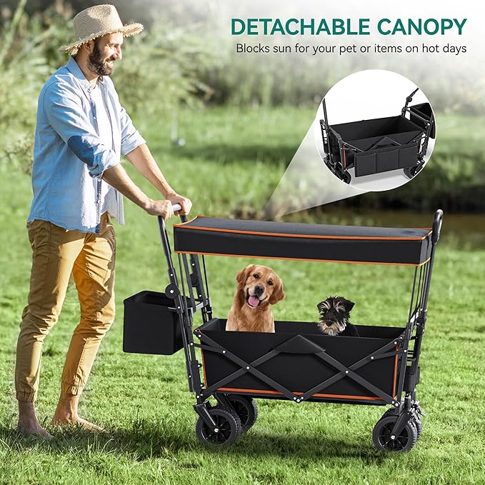 YITAHOME Collapsible Garden Cart w/Removable Canopy, Heavy Duty Outdoor Foldable Wagon Cart w/Rear Storage and Flexible Swivel Wheels for Shopping, Picnic, Camping, Sports,Black