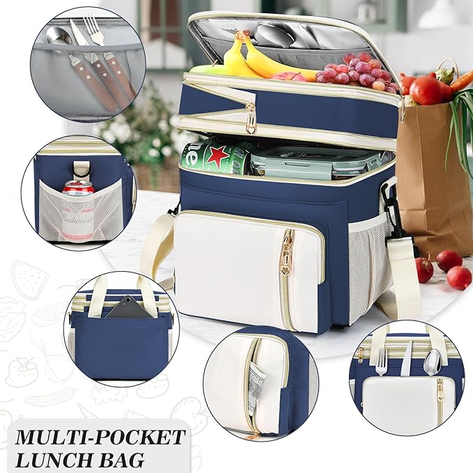 Lunch Box & Lunch Bag for Women Men, Large Insulated Adult Lunch Box Leakproof Lunchbox Cooler Bag for Work Picnic Beach,16L, Dark Blue & White