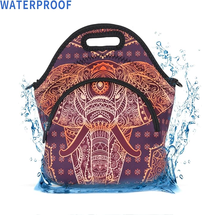 Violet Mist Neoprene Thermal Insulated Lunch Bag Cute Animal Lunch Bag Tote with Extra Pocket Detachable Adjustable Shoulder Lunchbox Food Handbags Picnic Work Gifts for Women men, Retro Elephant 2