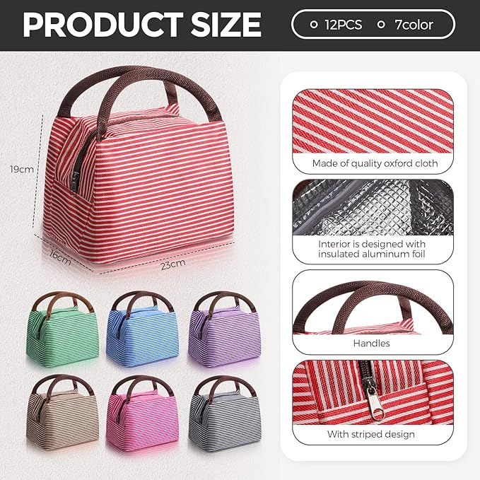 Nuogo 12 Pieces Insulated Lunch Bag Reusable Box Thermal Lunch Leakproof Tote Bag for Women Men Office School Work Picnic Beach Fishing