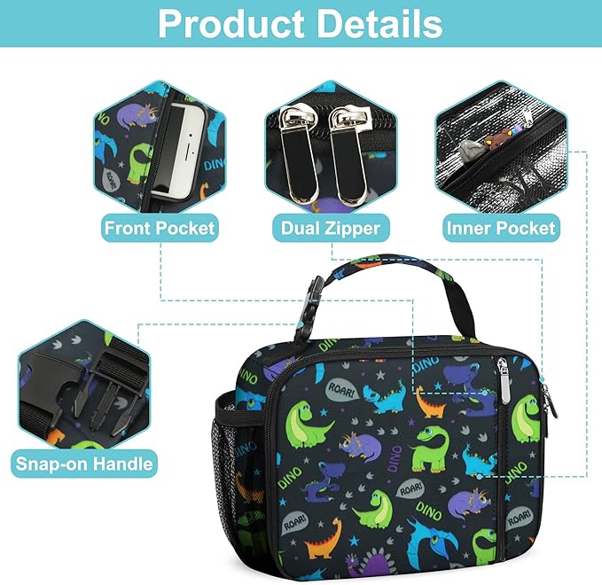 esouler Lunch Box Kids Insulated Lunch Bag for Boys & Girls Durable Children Lunchbox for School with Water Bottle Holder-Purple Dinosaur