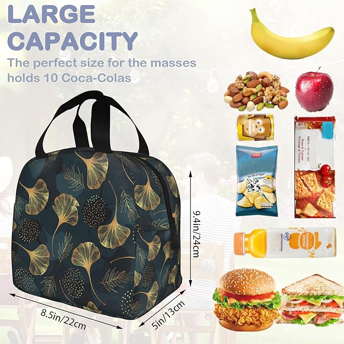 Golden Gingko Leaf Leaves Insulated Lunch Bag Reusable Lunch Box Women Men,Cooler Thermal Meal Tote for Kids School Student Picnic Office Work